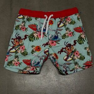Looney Tunes Mens Bugs Bunny Taz Surfing Tropical Floral Swim Trunks Blue Red 32